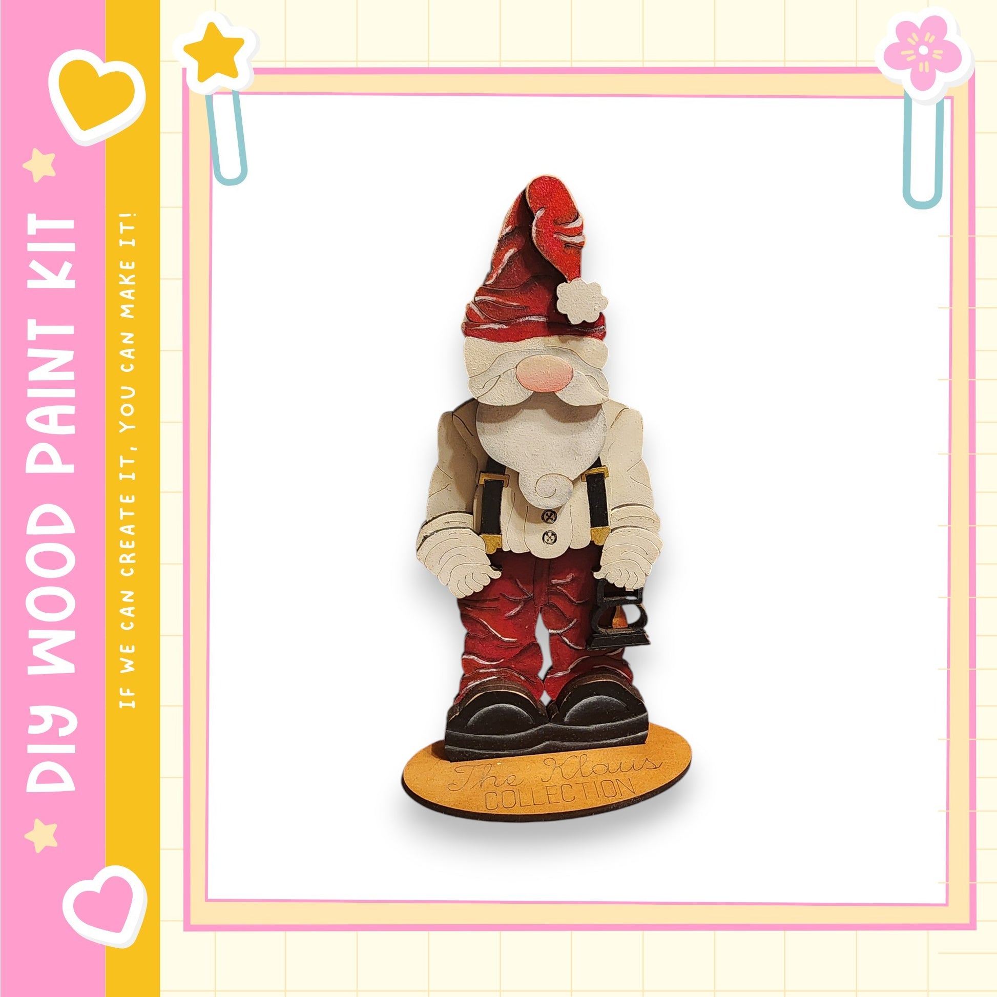 A wooden gnome figurine wearing a red hat and holding a lantern, standing on a wooden base.