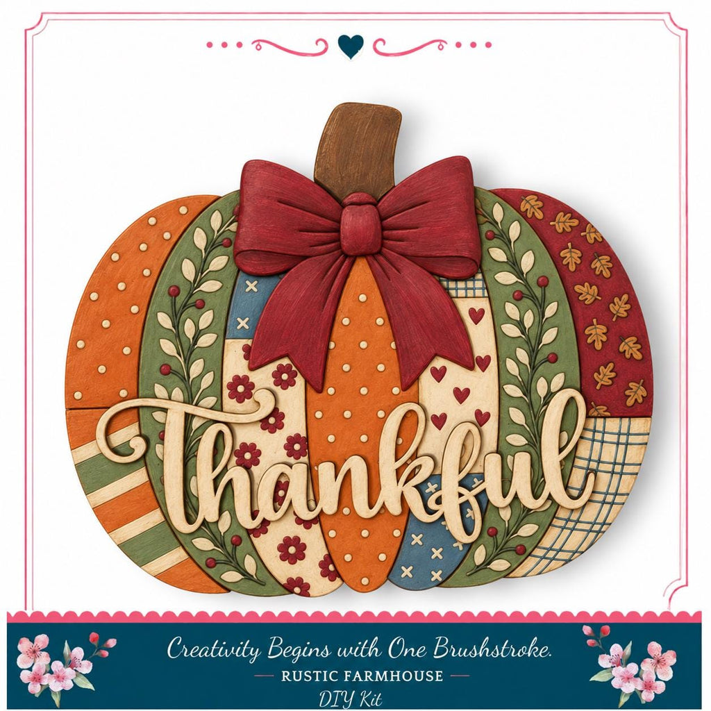 A hand-carved wooden pumpkin with a bow and the word "Thankful" written on it, surrounded by various autumn-themed decorations.