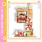 The image is a colorful and festive display featuring a wooden sign that says "Home Sweet Home", surrounded by various candy-like items such as candy canes, peppermints, and other sweets.