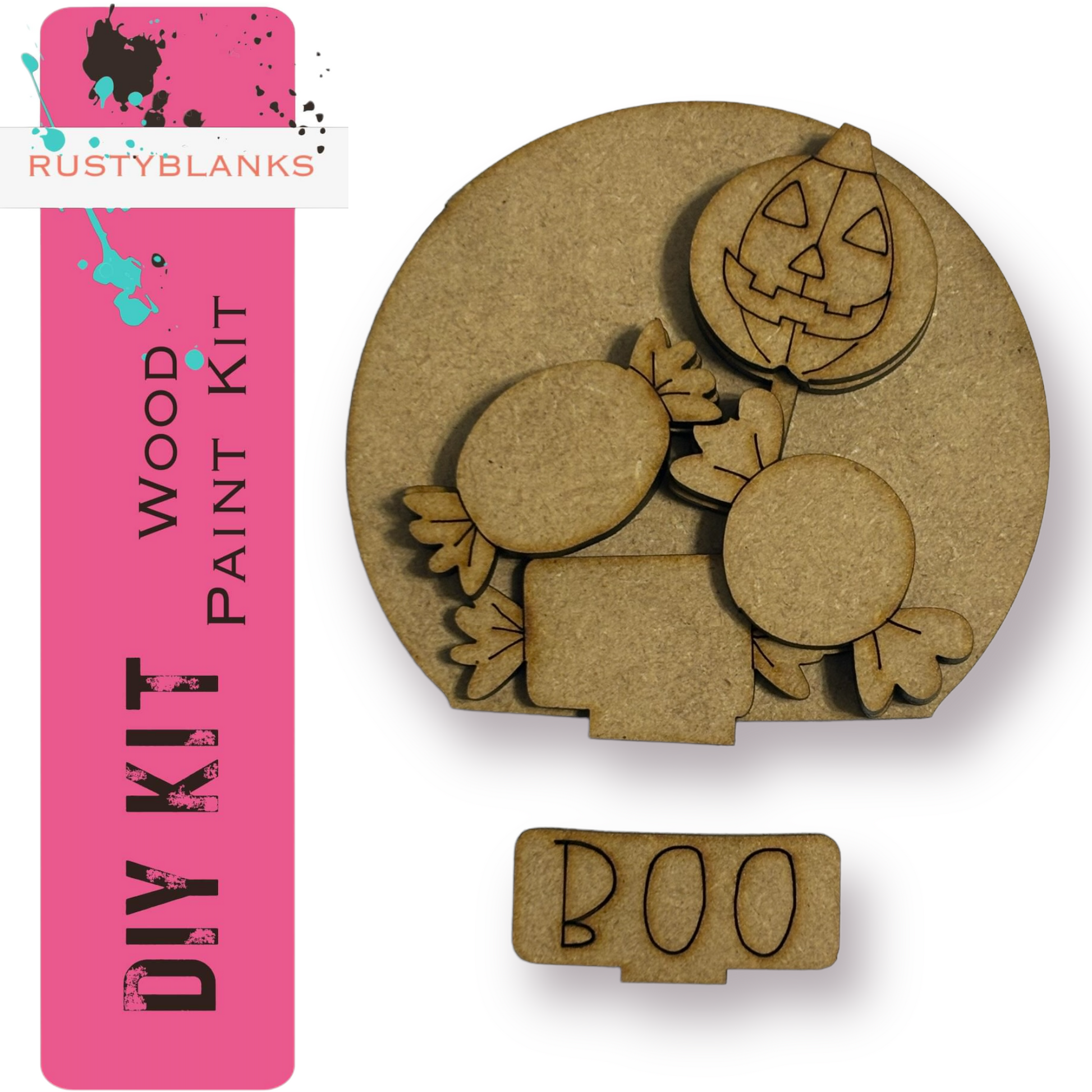 The image is a DIY kit for a Halloween-themed project, featuring a wooden paint kit and a carved pumpkin.
