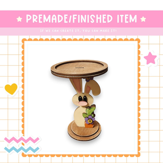 a picture of a wooden table with a rabbit on it