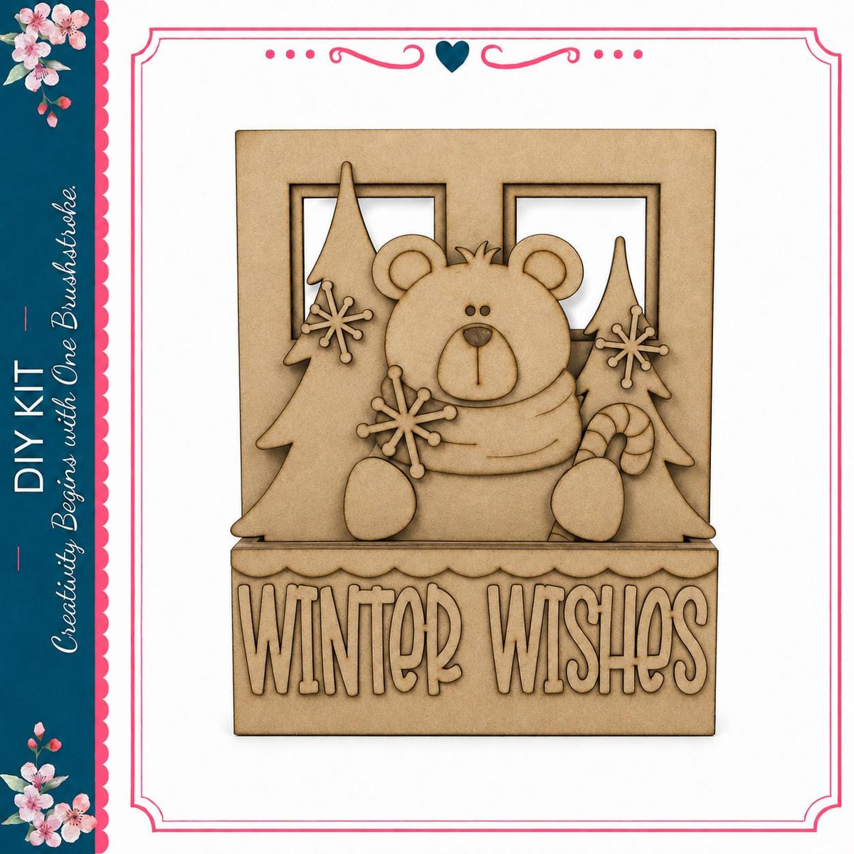 A wooden cutout of a bear holding a snowflake and a candy cane, with the text "Winter Wishes" below it.