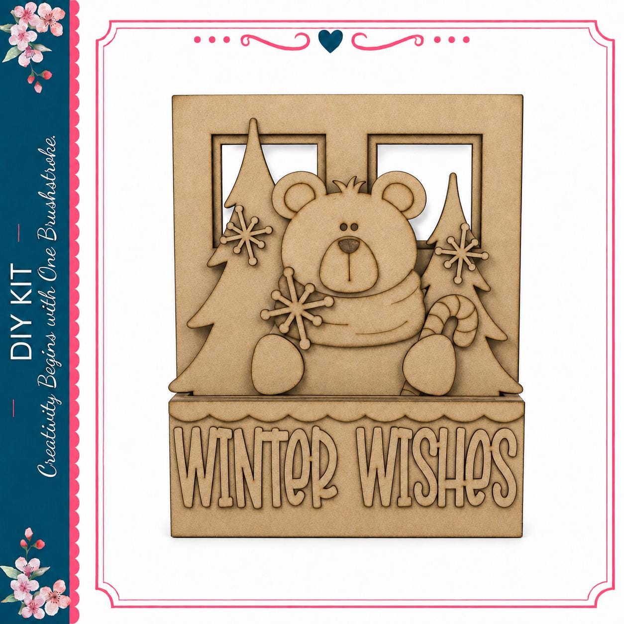A wooden cutout of a bear holding a snowflake and a candy cane, with the text "Winter Wishes" below it.