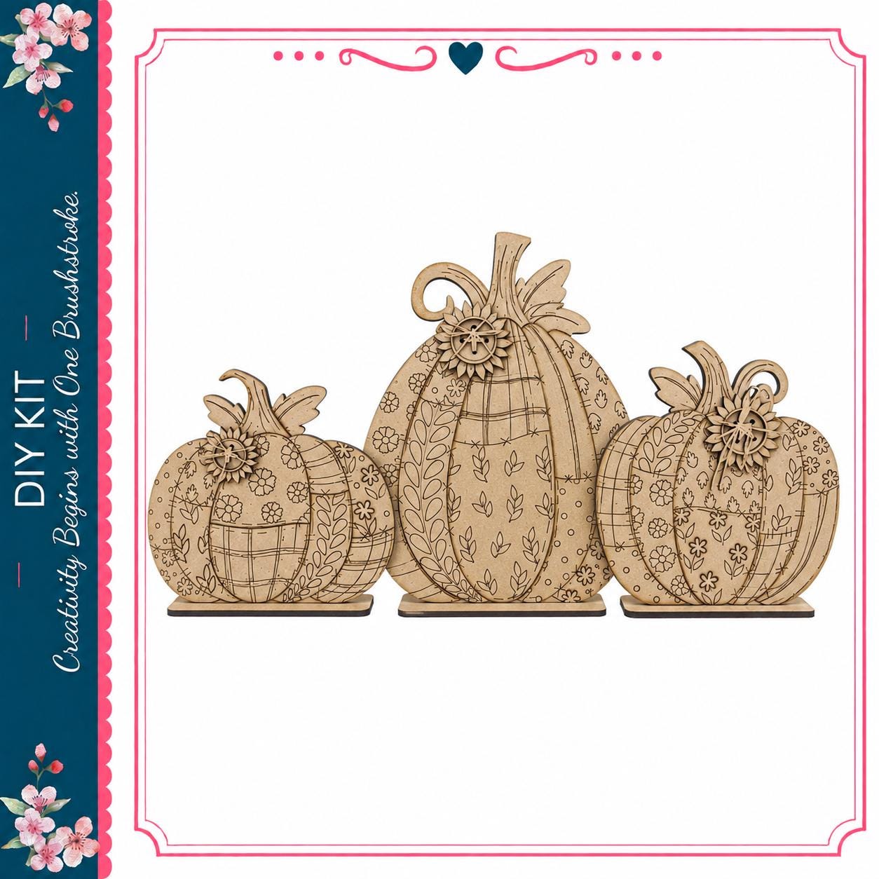 three intricately carved wooden pumpkins, each with unique designs and patterns.