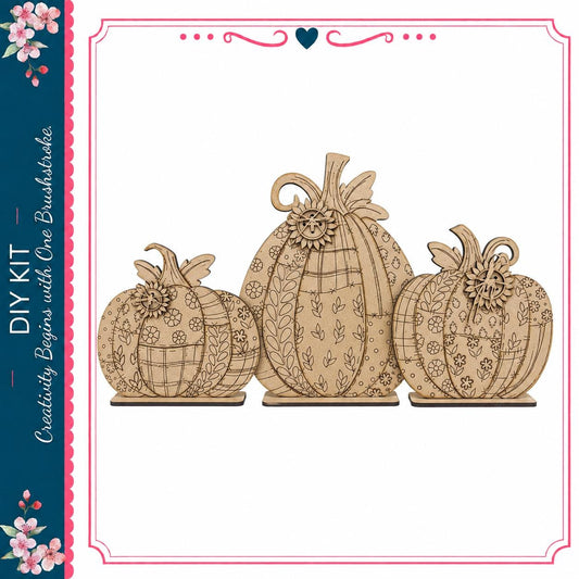 three intricately carved wooden pumpkins, each with unique designs and patterns.