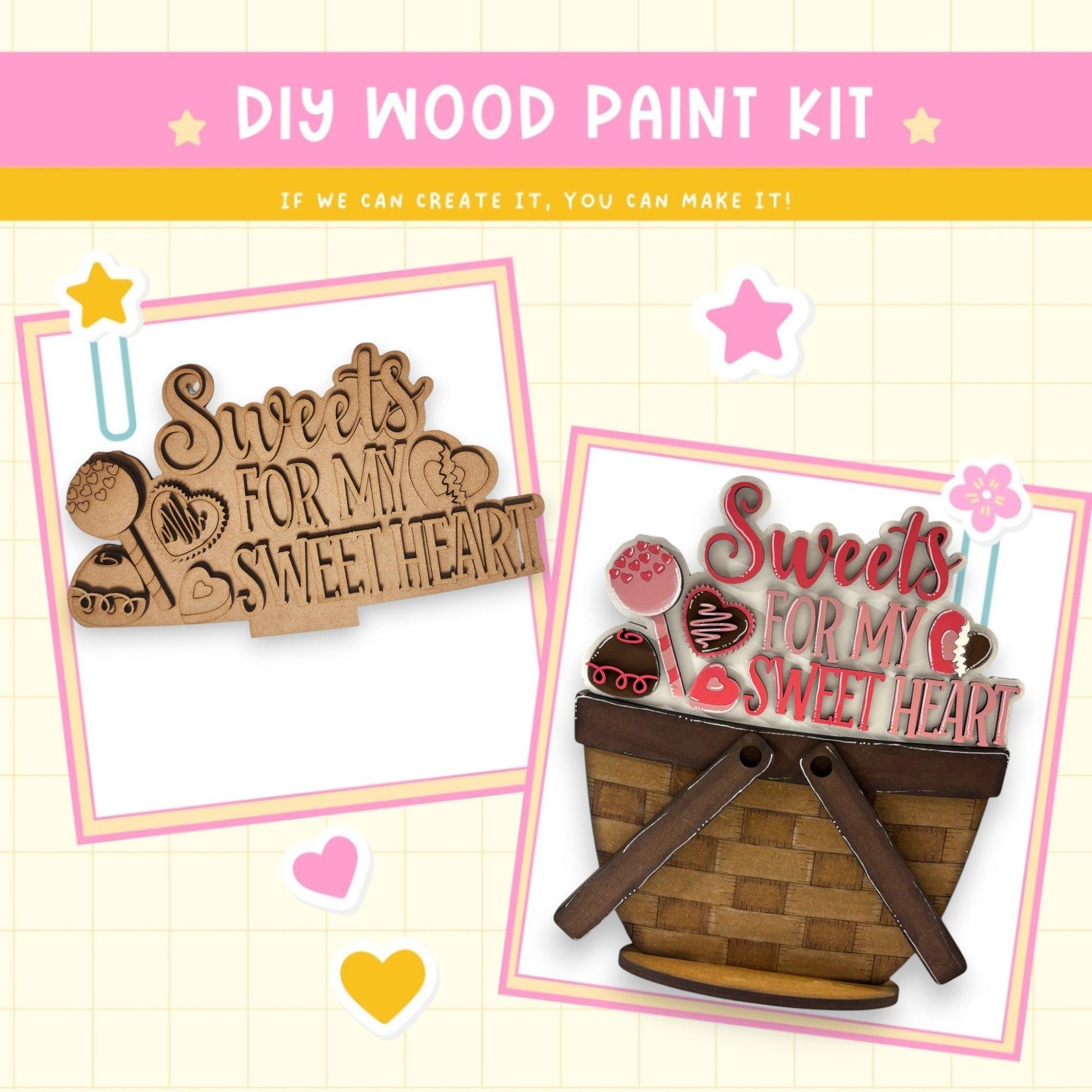 a wooden craft kit with a basket of sweets