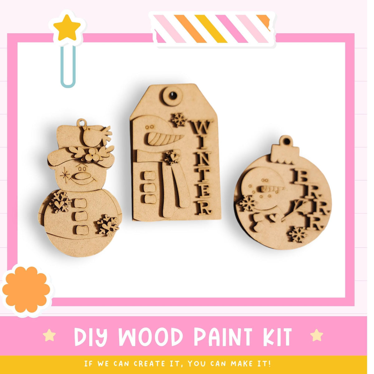 three wooden ornaments, including a snowman, a winter ornament, and a Christmas ornament, along with a DIY wood paint kit and a pink and white striped border.