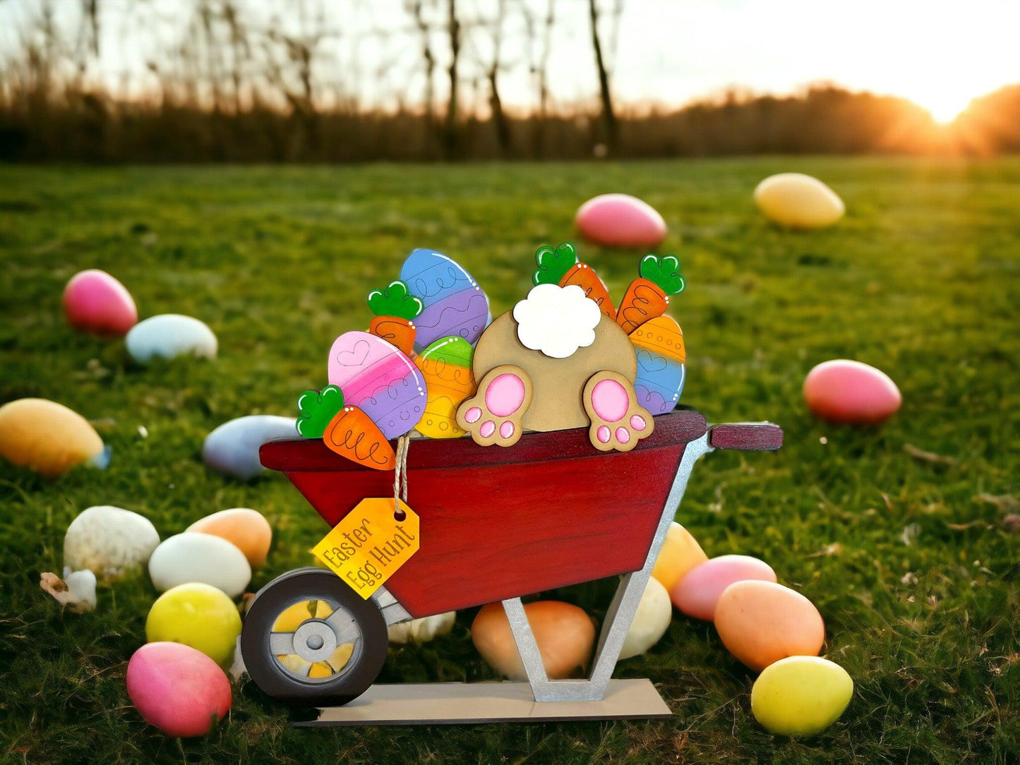 a toy wagon filled with lots of colorful eggs