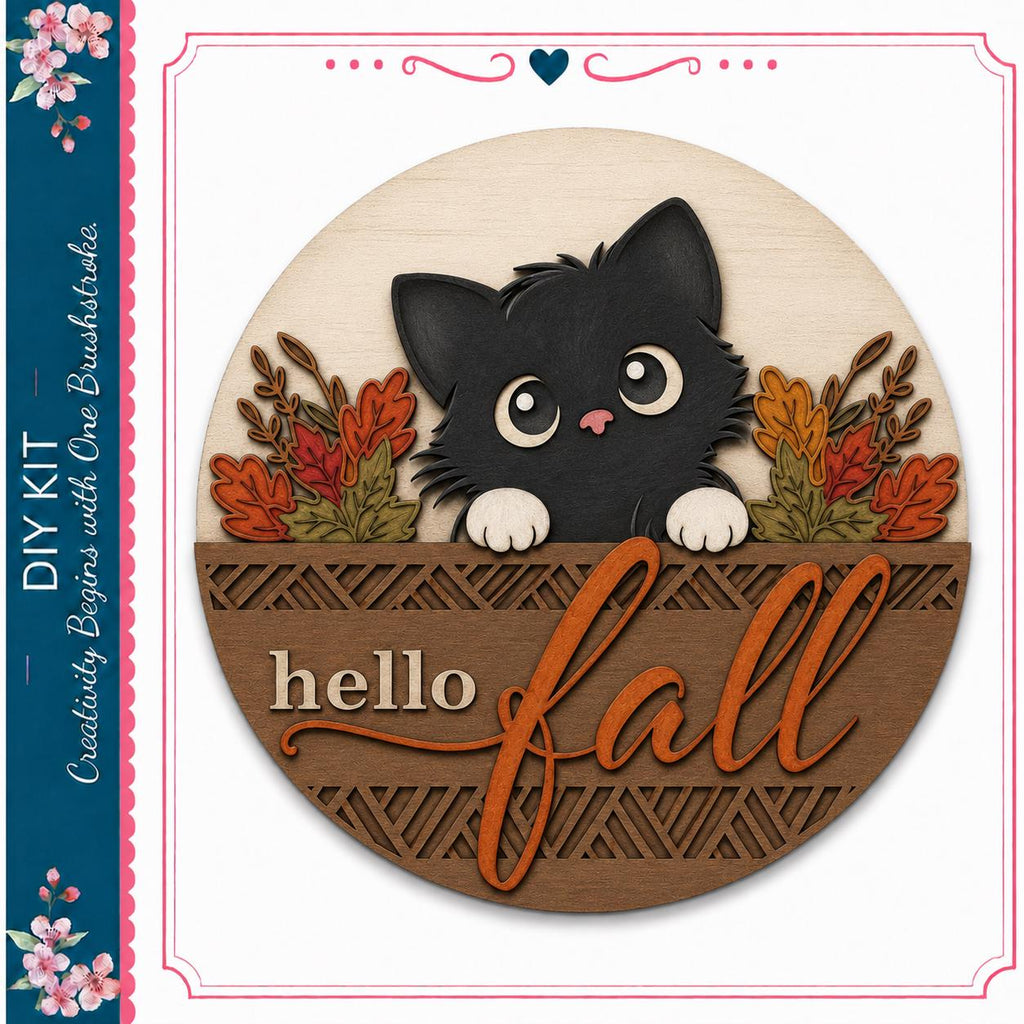 A wooden sign with a black cat peeking out from behind a decorative border, surrounded by autumn foliage. The sign has the text "Hello fall" written on it.