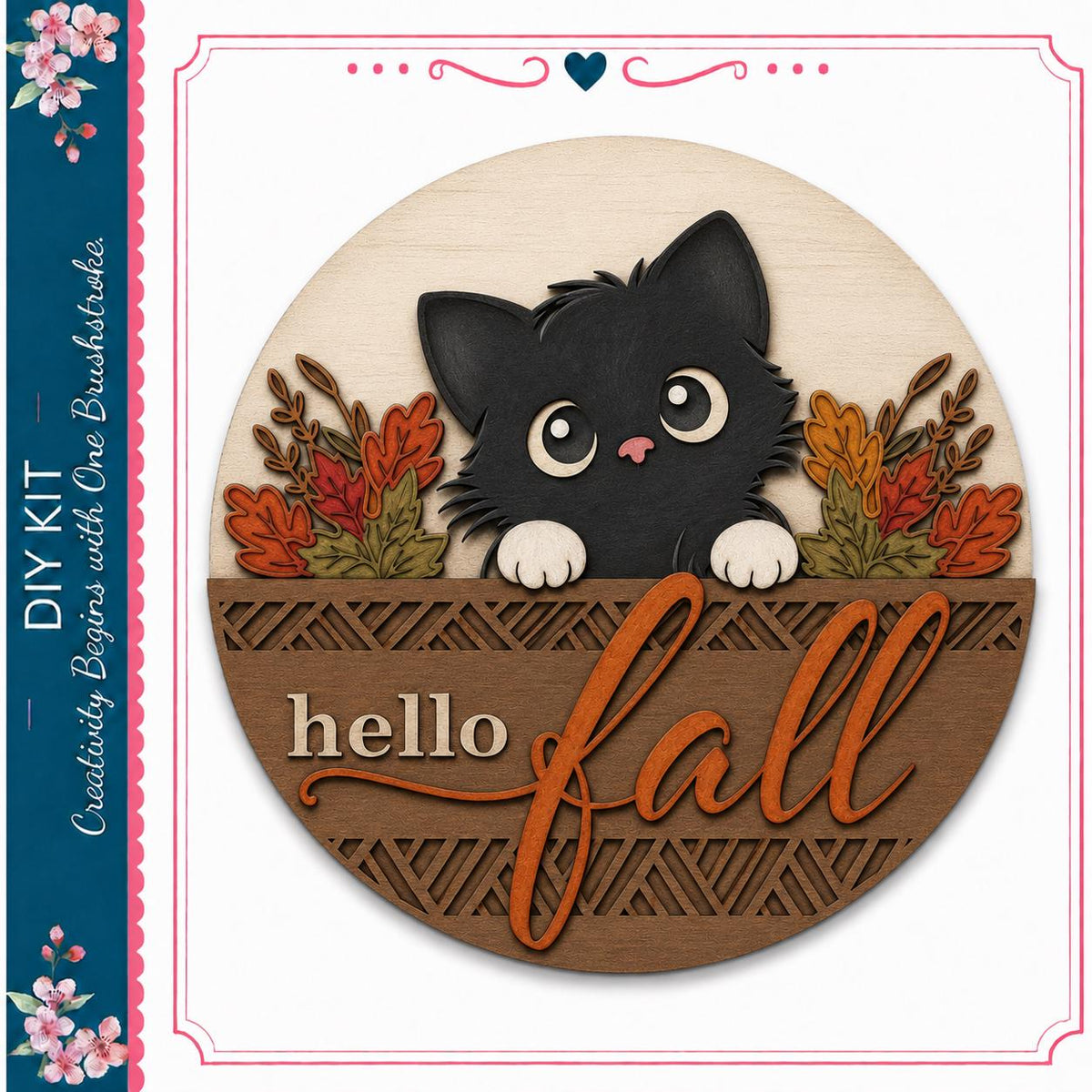 A wooden sign with a black cat peeking out from behind a decorative border, surrounded by autumn foliage. The sign has the text "Hello fall" written on it.