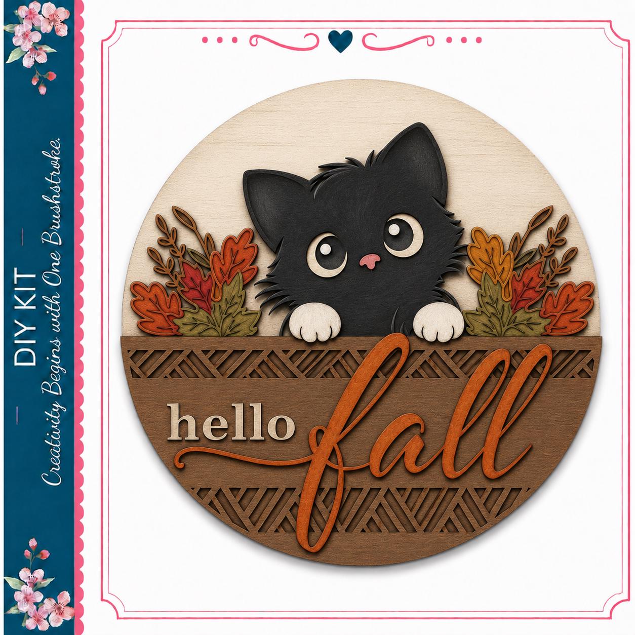 A wooden sign with a black cat peeking out from behind a decorative border, surrounded by autumn foliage. The sign has the text "Hello fall" written on it.