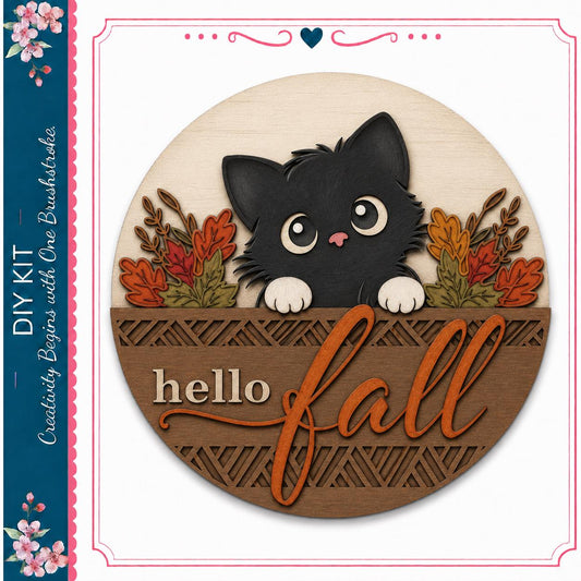 A wooden sign with a black cat peeking out from behind a decorative border, surrounded by autumn foliage. The sign has the text "Hello fall" written on it.