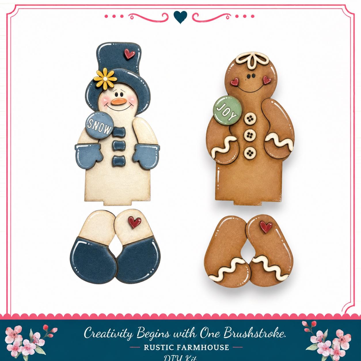 two gingerbread men, one wearing a snowman costume and the other a gingerbread man costume, both decorated with snow and joy signs.