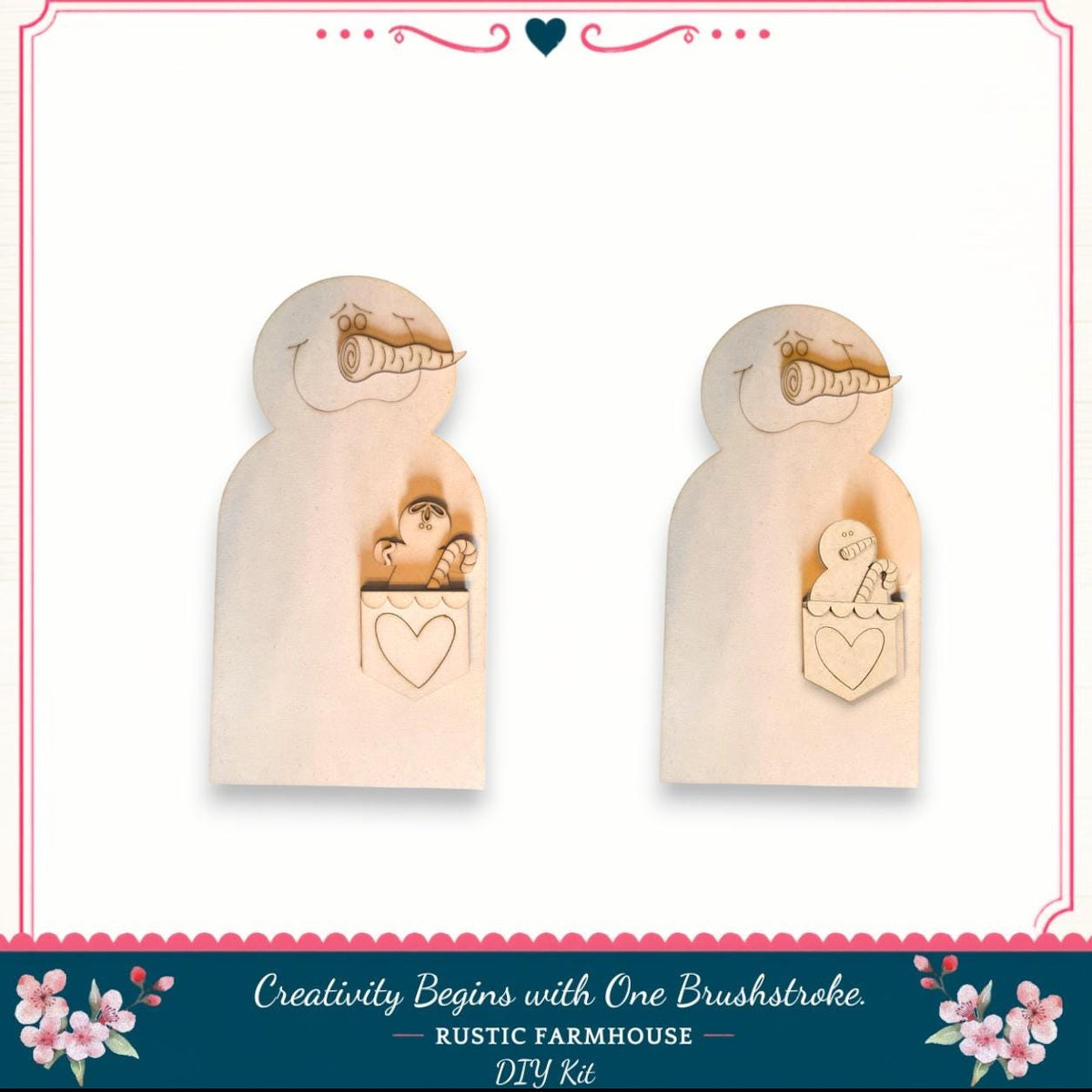 two wooden cutouts of smiling faces, each with a heart-shaped cutout in their pockets. The cutouts appear to be part of a DIY kit for creating wooden figures with heart-shaped cutouts.