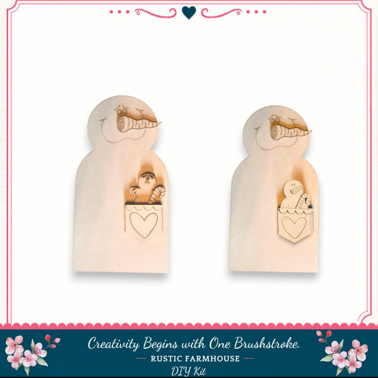 two wooden cutouts of smiling faces, each with a heart-shaped cutout in their pockets. The cutouts appear to be part of a DIY kit for creating wooden figures with heart-shaped cutouts.