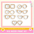 a DIY wood paint kit with various wooden shapes, including glasses, hearts, and other decorative elements, arranged on a white background.