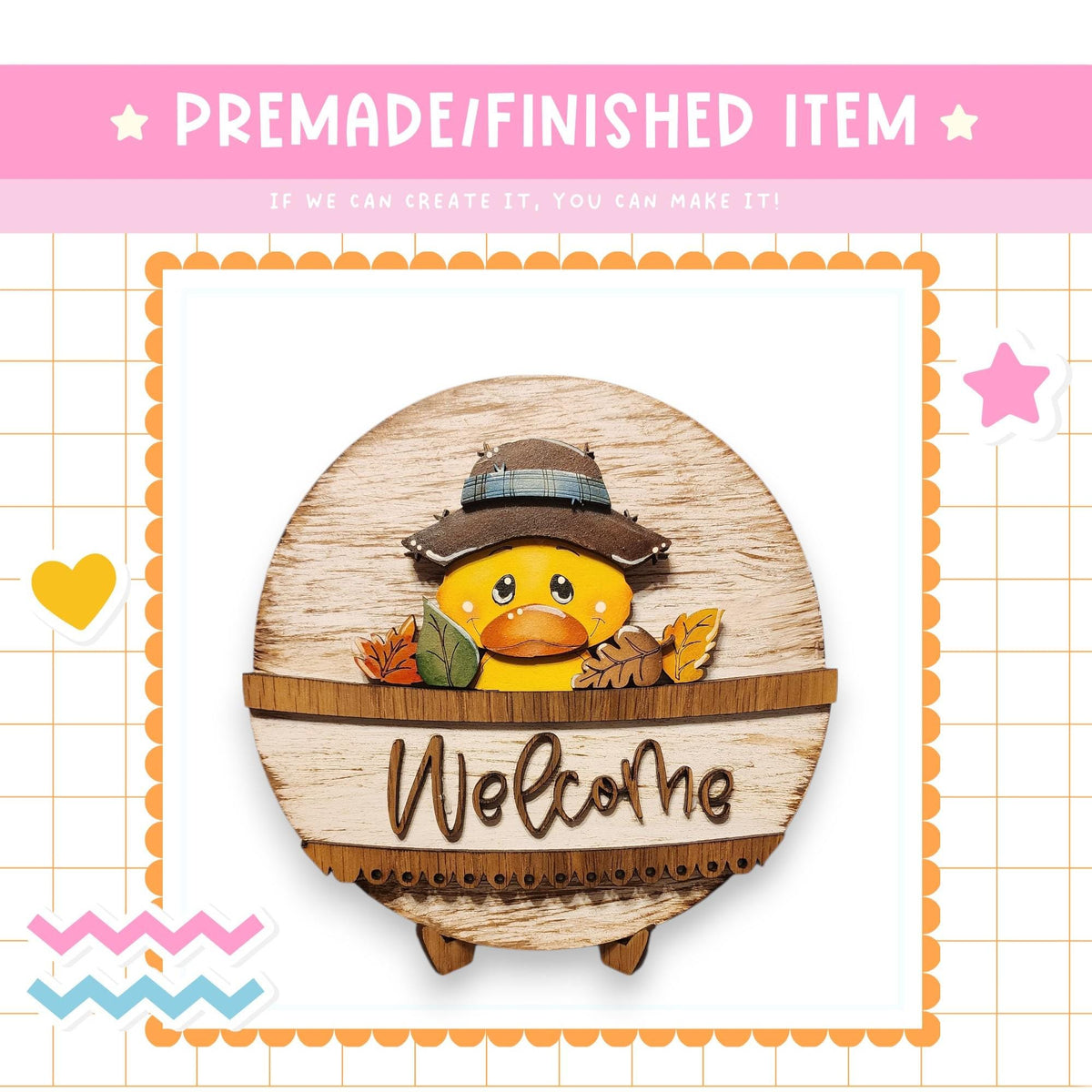 a wooden sign with a duck wearing a hat and the word "Welcome" written on it. The sign is surrounded by various decorative elements, including a pink banner, a heart, and a star.