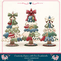 three decorative Christmas trees with bows, arranged in a row.