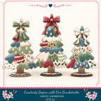 three decorative Christmas trees with bows, arranged in a row.
