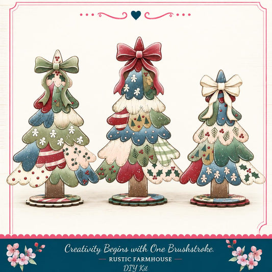 three decorative Christmas trees with bows, arranged in a row.