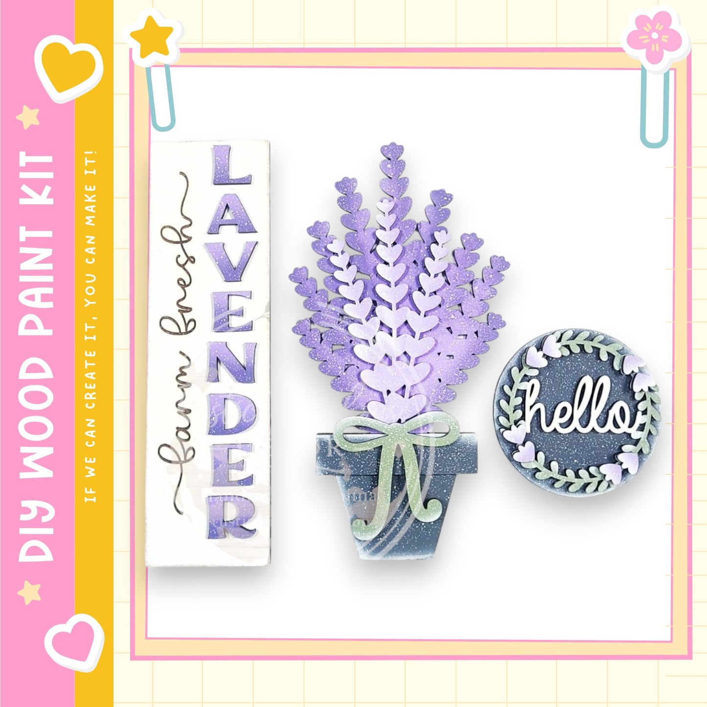 a decorative arrangement of purple flowers in a vase, along with a sign that says "Lavender" and a small circular sign that says "Hello".