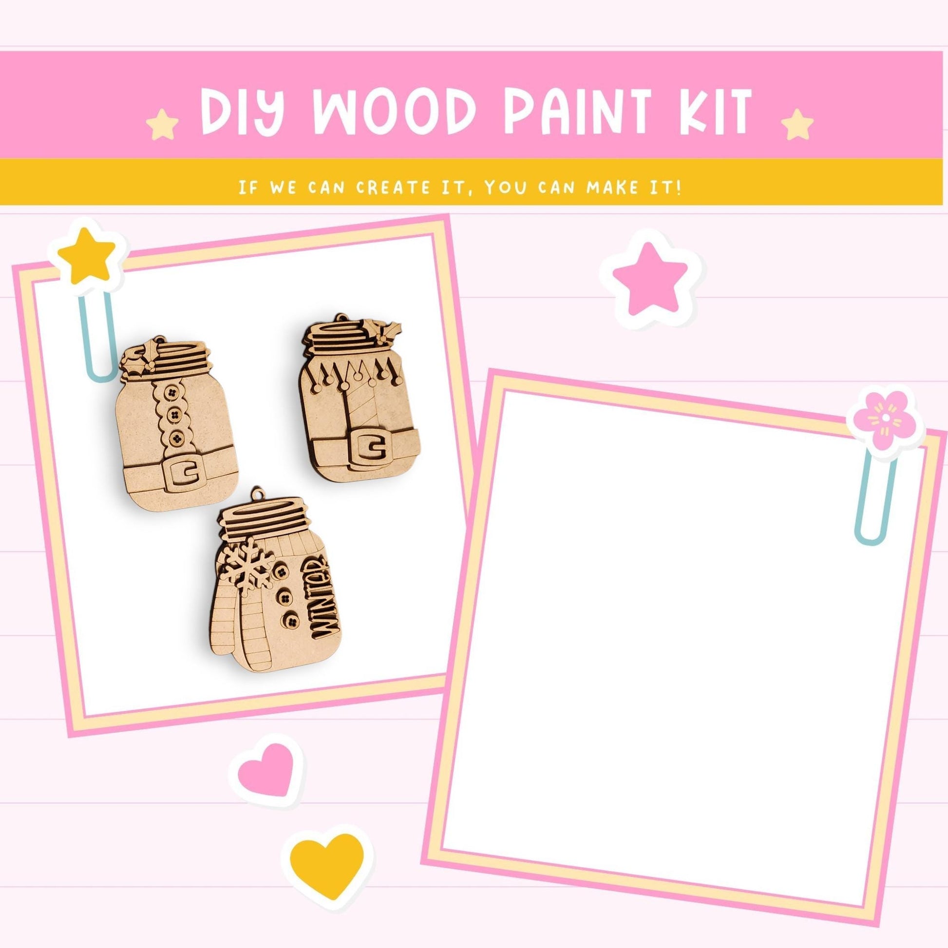 The image is a DIY wood paint kit advertisement featuring wooden mason jars and a blank white frame.