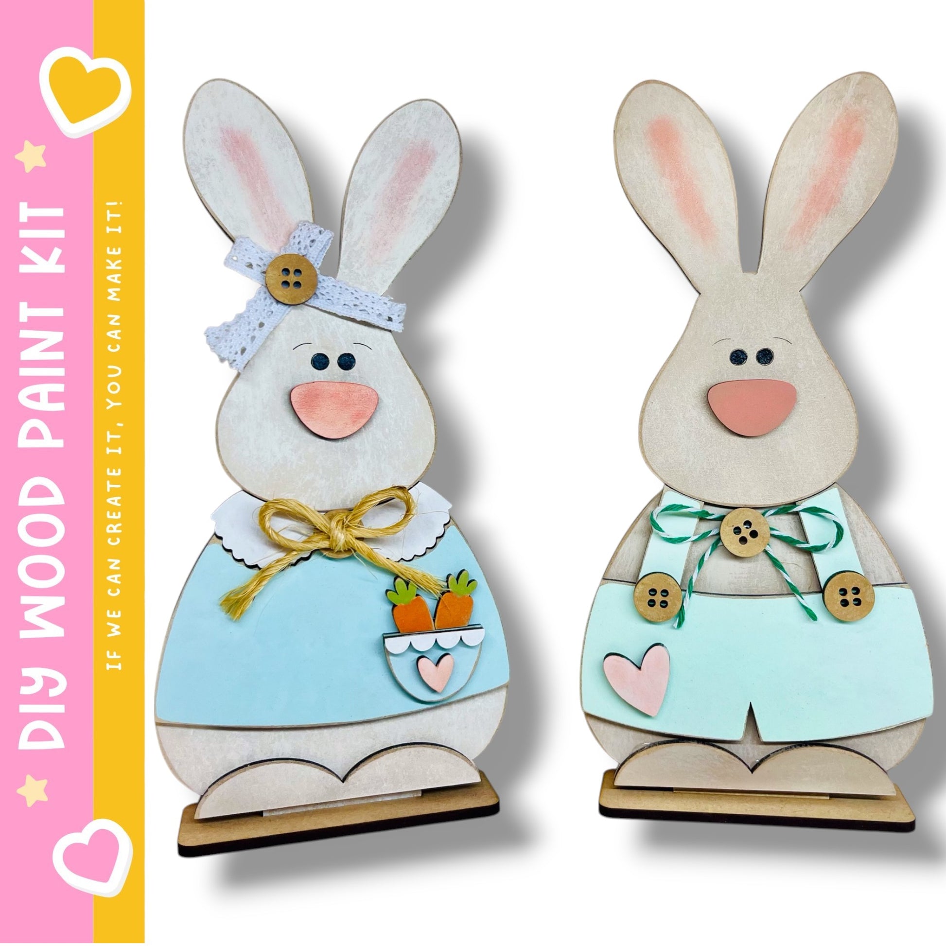 two wooden Easter bunny decorations, each with a unique design and color scheme.