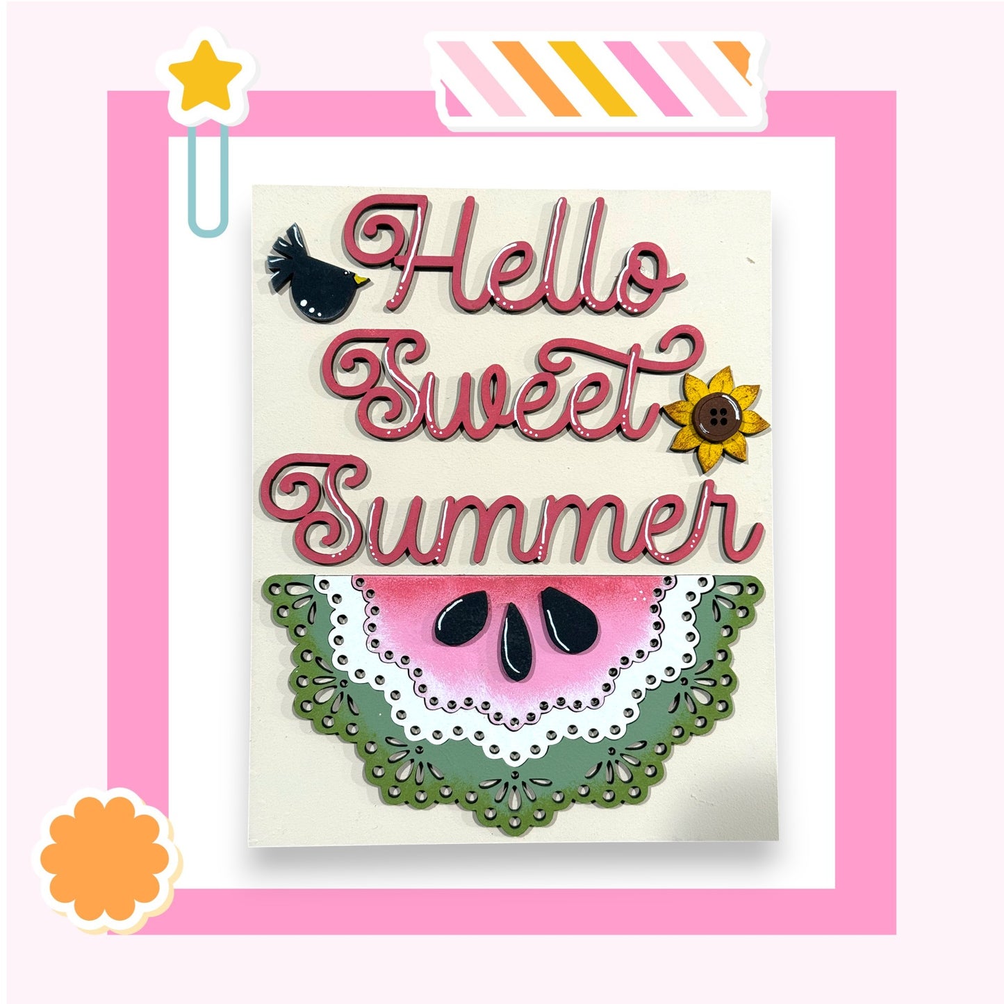 a colorful and whimsical design with the text "Hello Sweet Summer" prominently displayed. The design includes a watermelon slice, a flower, and a star, all set against a pink background.