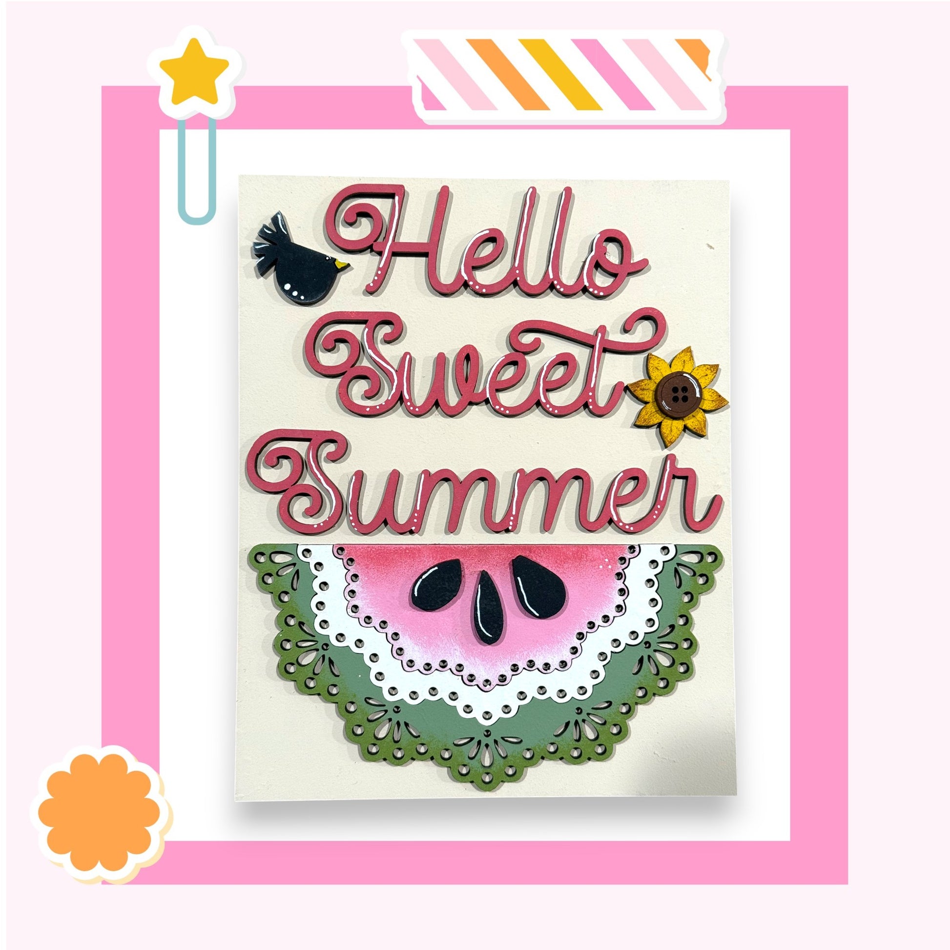 a colorful and whimsical design with the text "Hello Sweet Summer" prominently displayed. The design includes a watermelon slice, a flower, and a star, all set against a pink background.