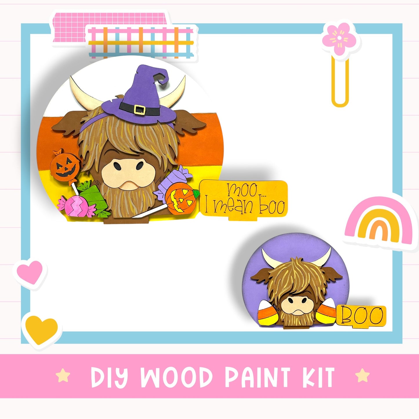 The image is a DIY wood paint kit featuring a cartoon character with a witch hat, a pumpkin, and candy, along with a smaller version of the same character.