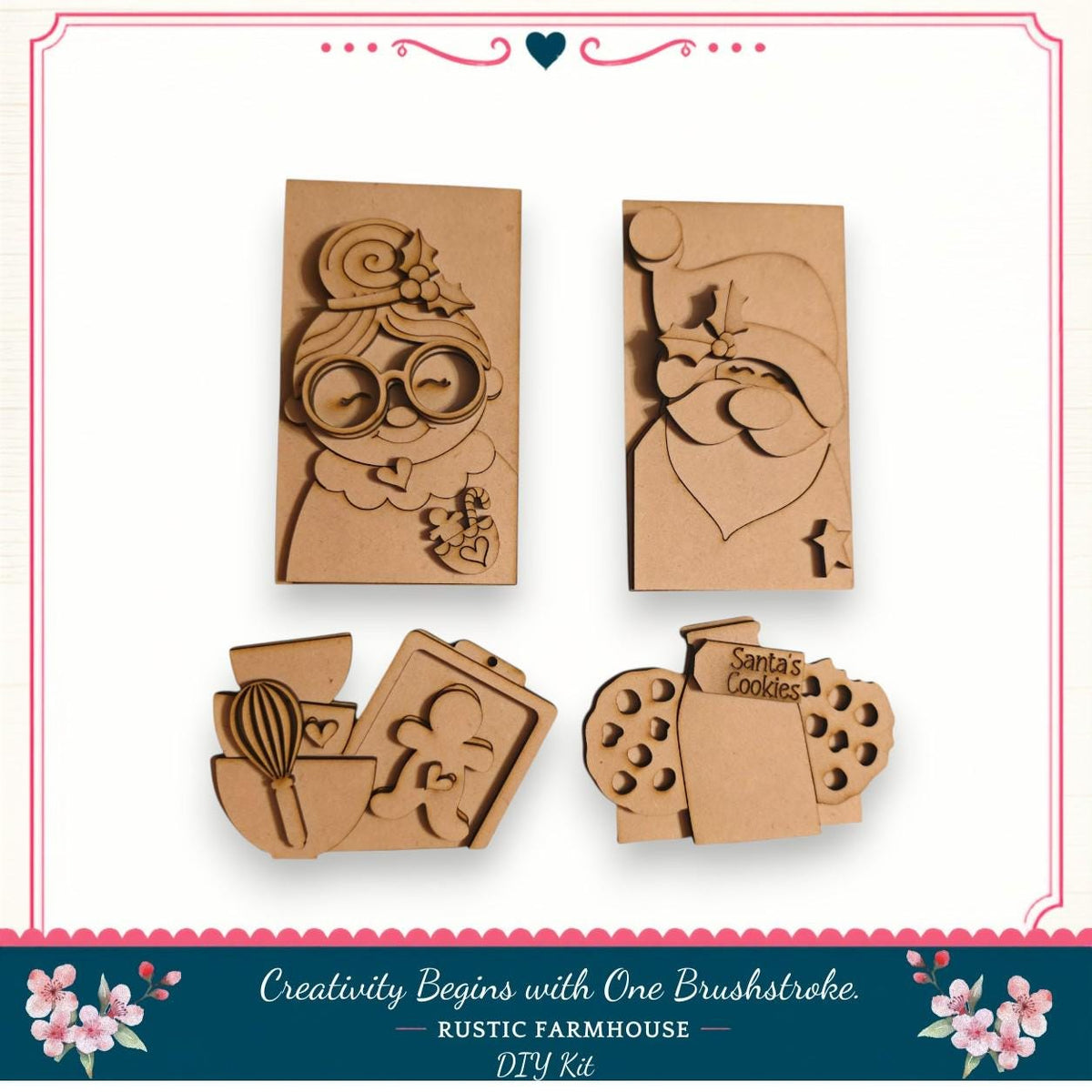 four wooden cutouts, each depicting a different Santa Claus cookie jar. The cutouts are arranged in a square frame, and the text "Creativity Begins with One Brushstroke. Rusty Farmhouse DIY Kit" is displayed at the bottom of the image.