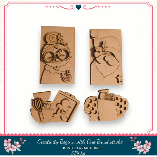 four wooden cutouts, each depicting a different Santa Claus cookie jar. The cutouts are arranged in a square frame, and the text "Creativity Begins with One Brushstroke. Rusty Farmhouse DIY Kit" is displayed at the bottom of the image.
