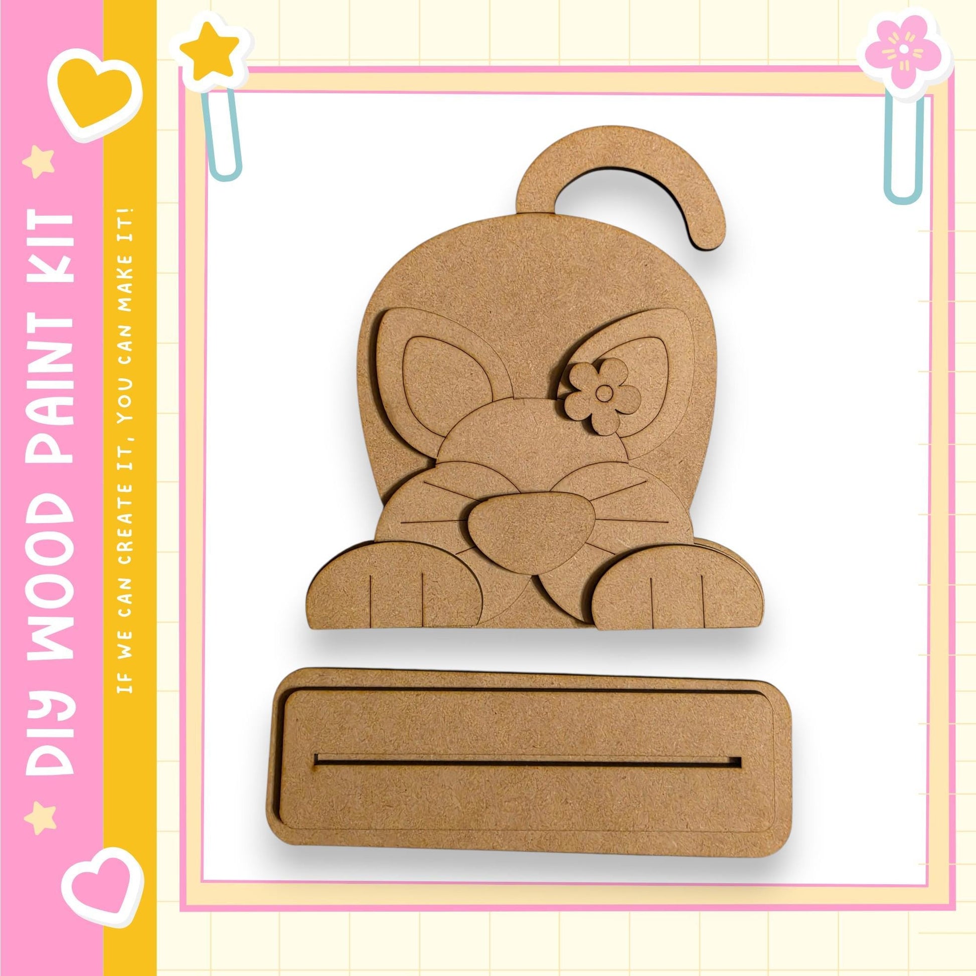 a wooden paint kit with a cute cat design, including a wooden cat figure and a blank wooden frame.