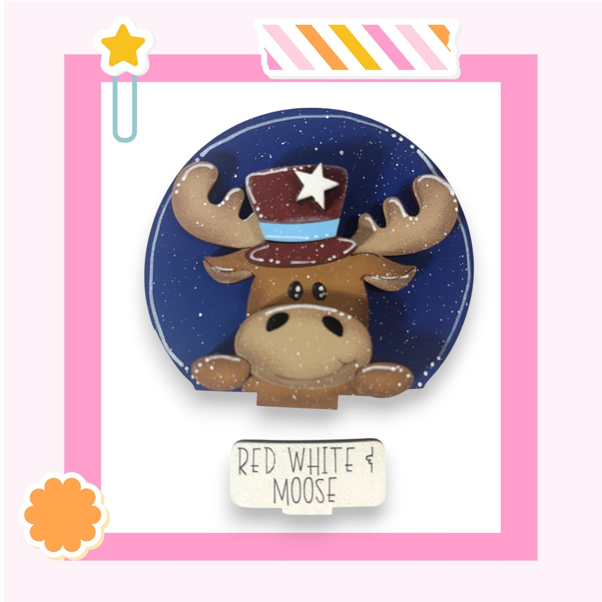 A cartoon moose wearing a top hat with a star on it, set against a blue background with a pink border.