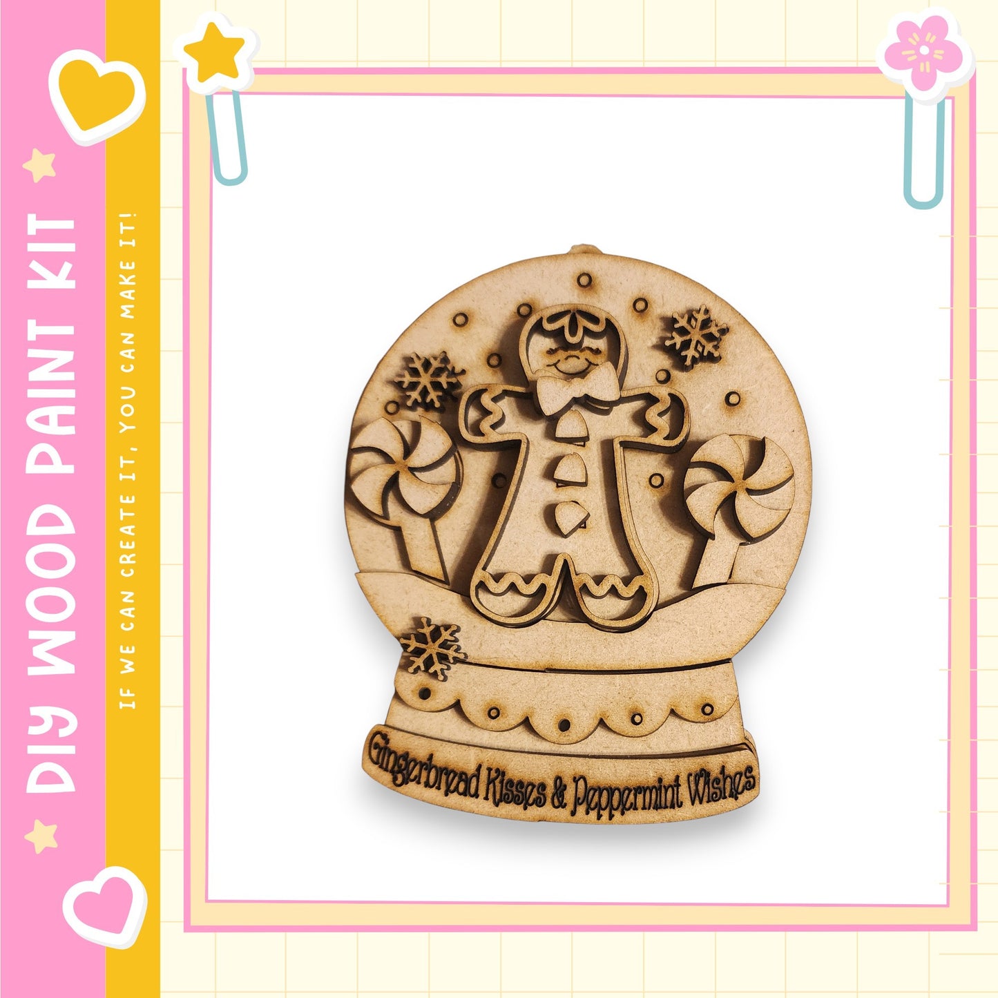 A wooden snow globe ornament with a gingerbread man figure and peppermint wishes, surrounded by snowflakes.