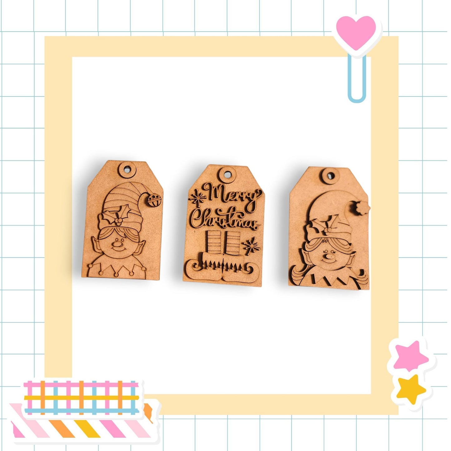 three wooden tags with festive designs, including a Christmas-themed tag with the phrase "Merry Christmas" and two other tags with different designs.