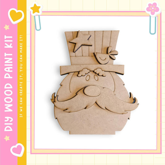 A wooden cutout of a smiling gnome wearing a top hat and holding a star, set against a pink and yellow background with decorative elements.