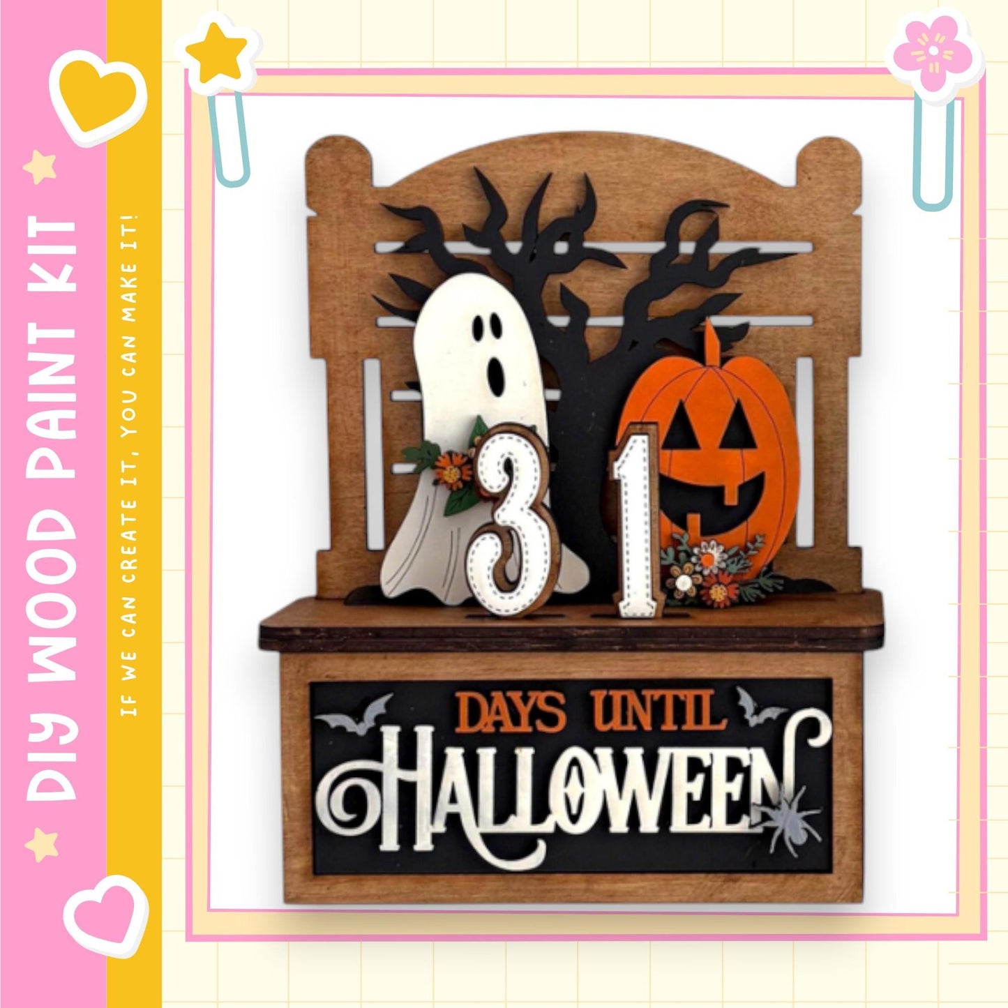 A Halloween-themed display with a wooden bench, a ghost, a jack-o-lantern, and a sign that says "31 DAYS UNTIL HALLOWEEN".