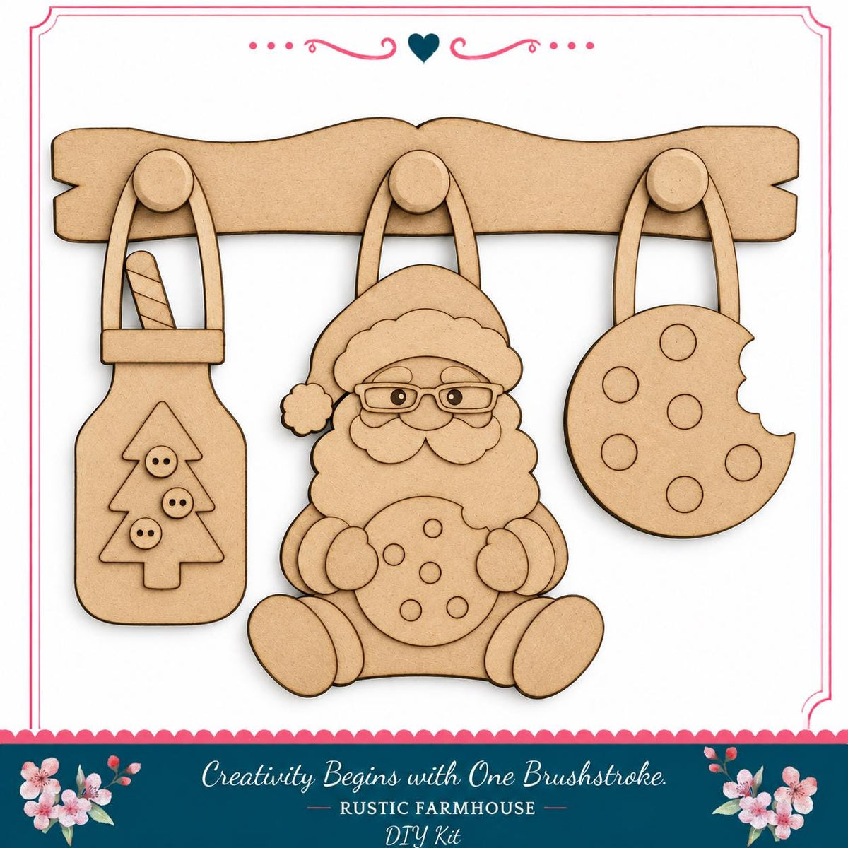 a DIY kit for creating wooden ornaments, including a Christmas tree ornament, a cookie ornament, and a nut-shaped ornament.