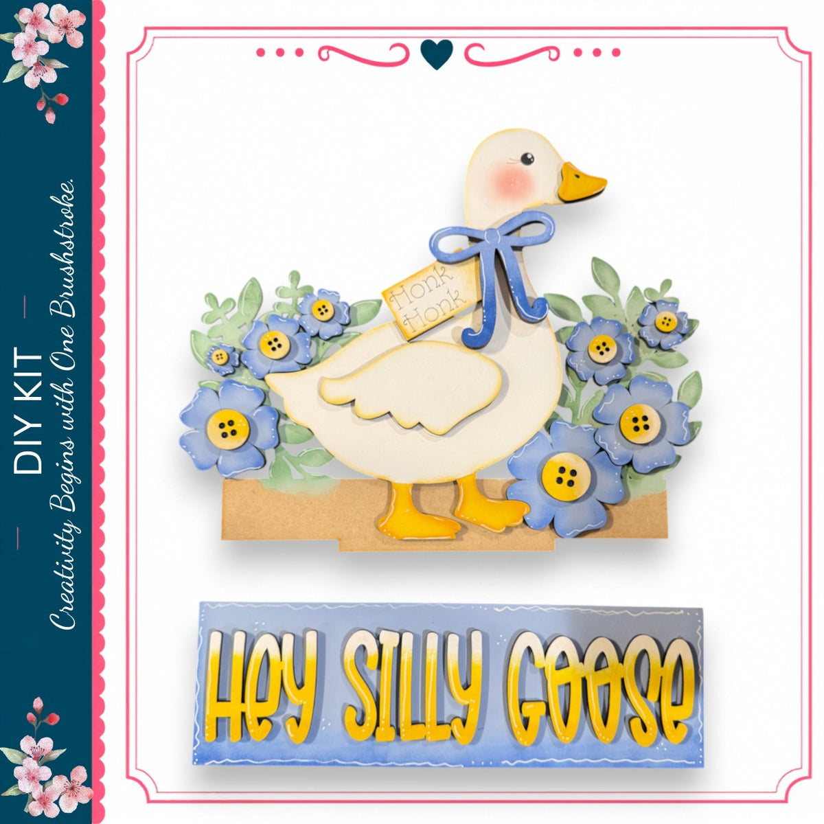 A wooden duck with a blue bow and yellow buttons, surrounded by blue flowers, with the text "Hey Silly Goose" below it.