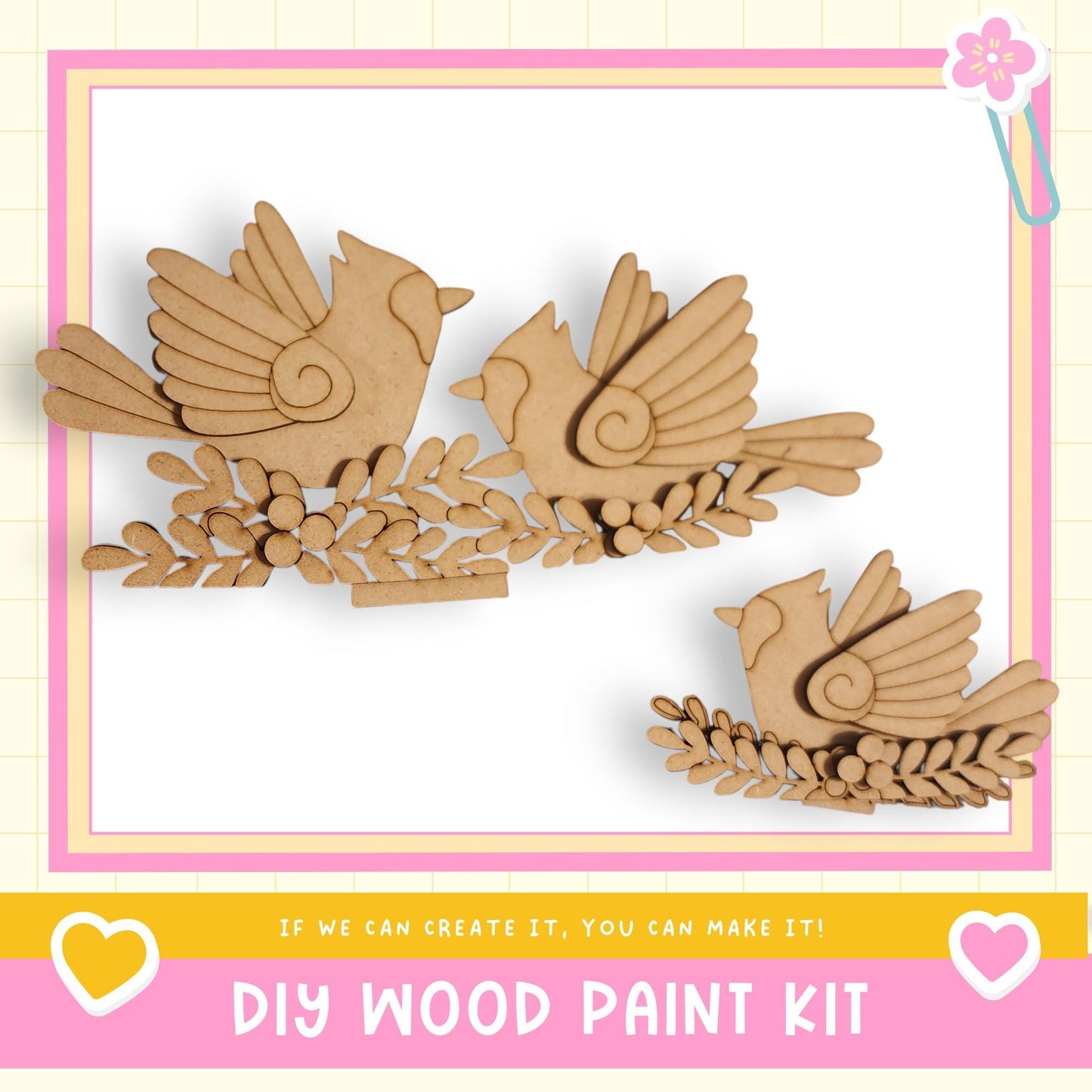 a DIY wood paint kit, with a focus on a bird-shaped design. The kit appears to be made of wood and is designed for creating bird-shaped decorations or ornaments.