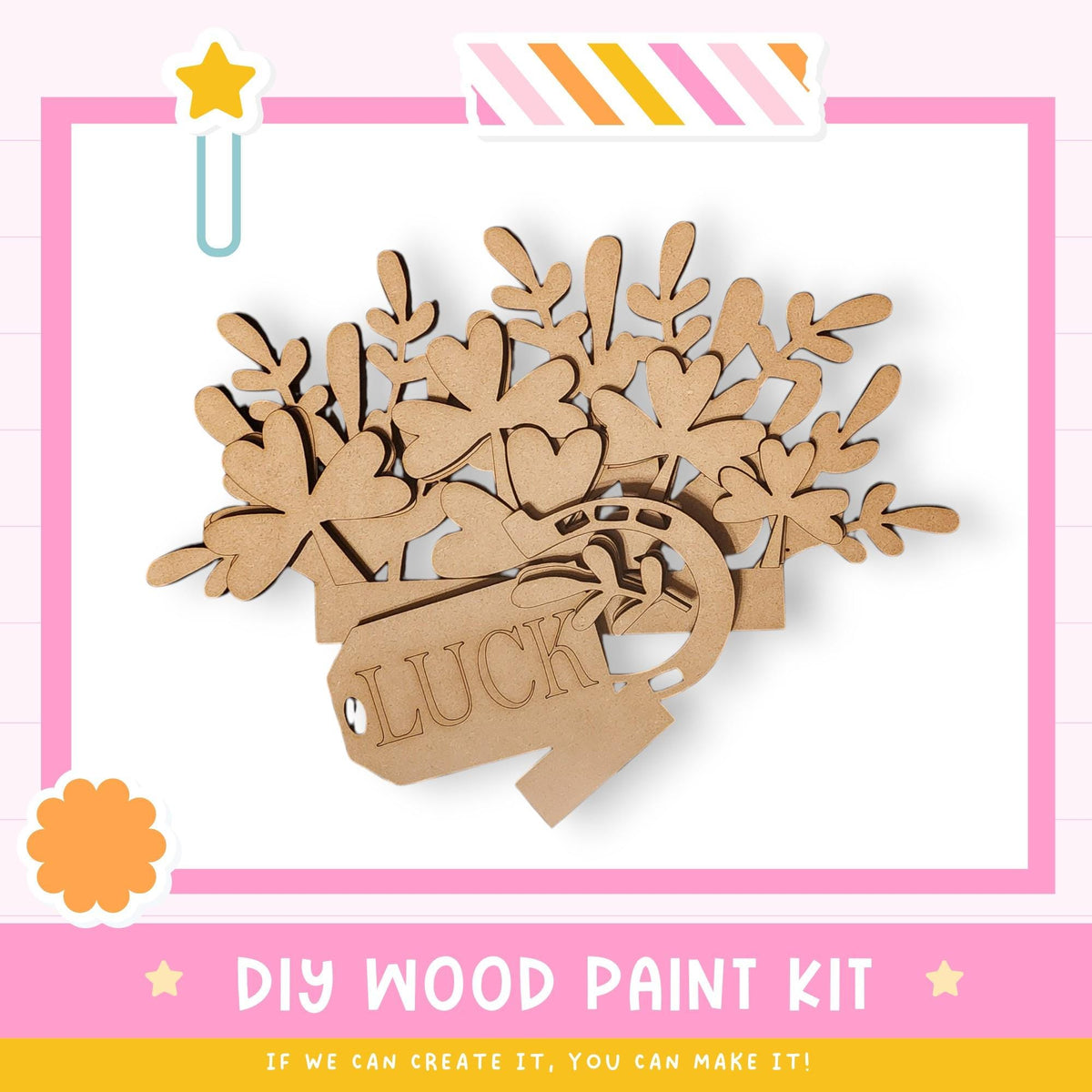 The image is a colorful advertisement for a DIY wood paint kit, featuring a wooden ornament with the word "LUCK" carved into it. The kit appears to be made of wood and is designed for painting.