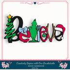 A colorful and whimsical DIY kit for creating a "Believe" sign, featuring various decorative elements such as a Christmas tree, a green Grinch, and a Santa hat.