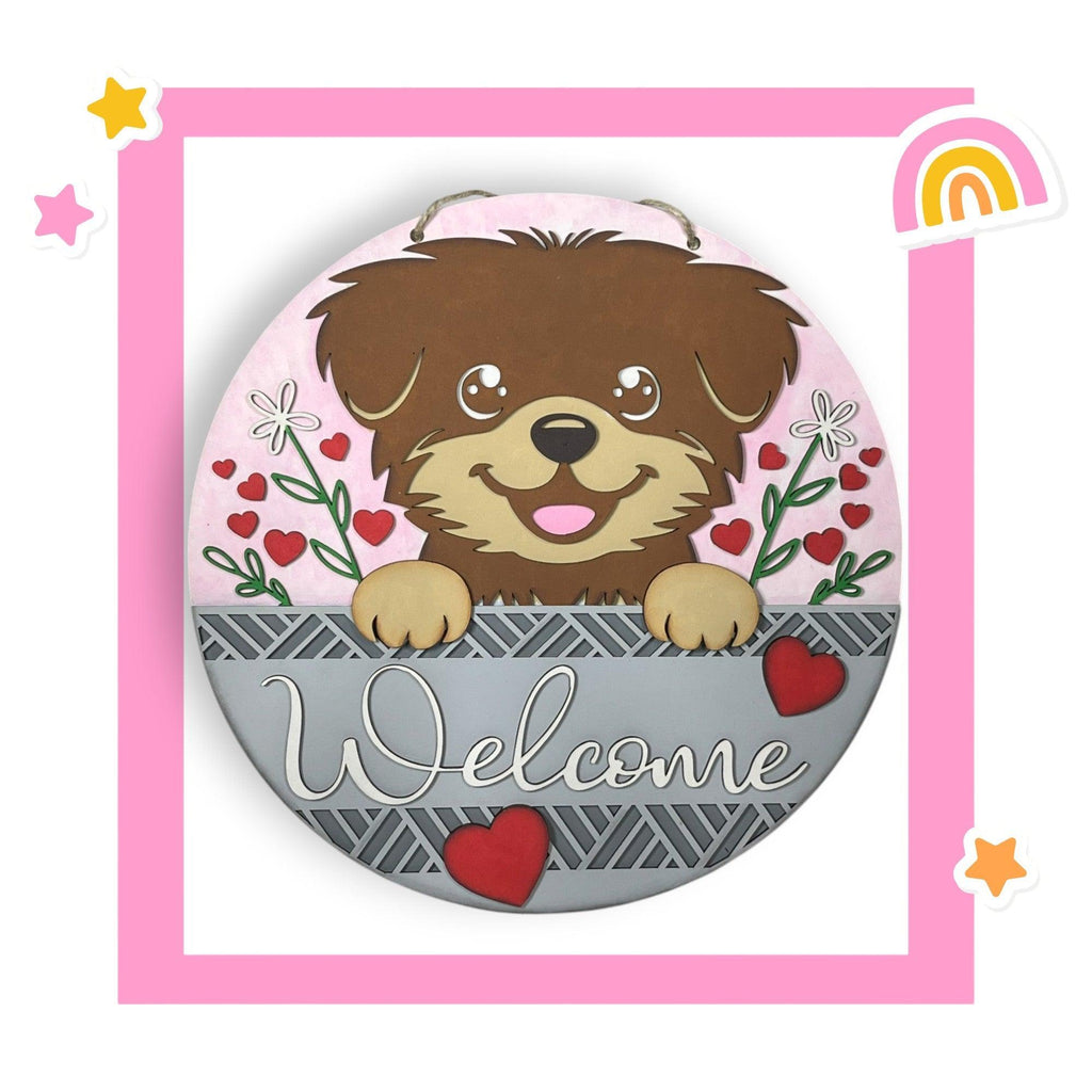 a picture of a dog with a welcome sign