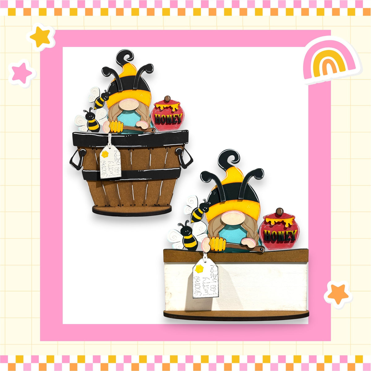 two wooden baskets with gnomes and bees inside, set against a pink and yellow checkered background with stars and a rainbow.