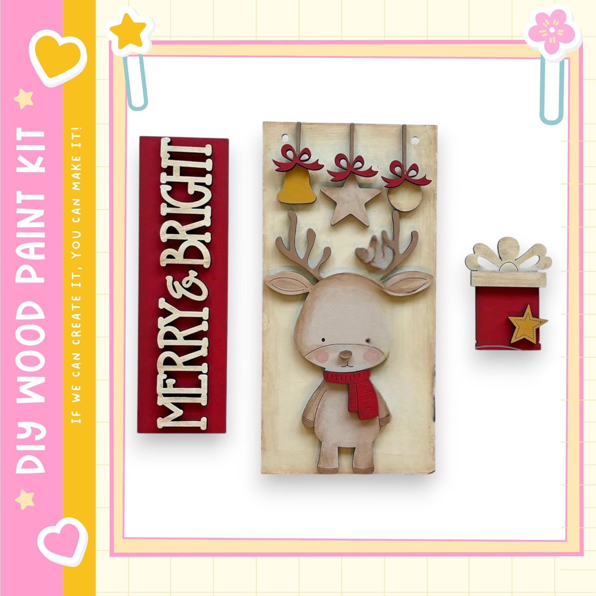 a festive holiday-themed collage with a wooden deer figure, a red sign, and various ornaments and decorations.