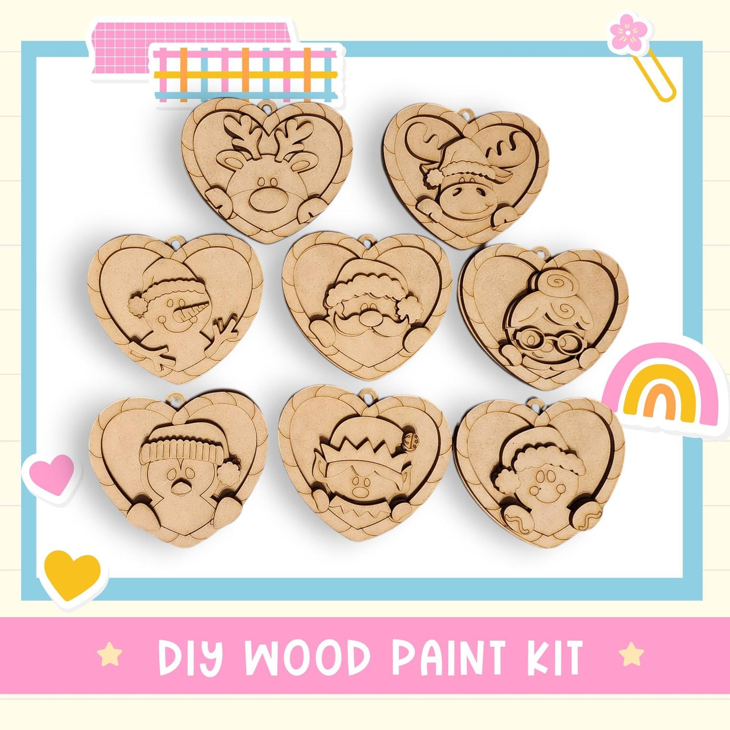 a DIY wood paint kit with heart-shaped ornaments, including a reindeer, a cat, a bird, a snowman, a Santa hat, a rainbow, and a smiling face.