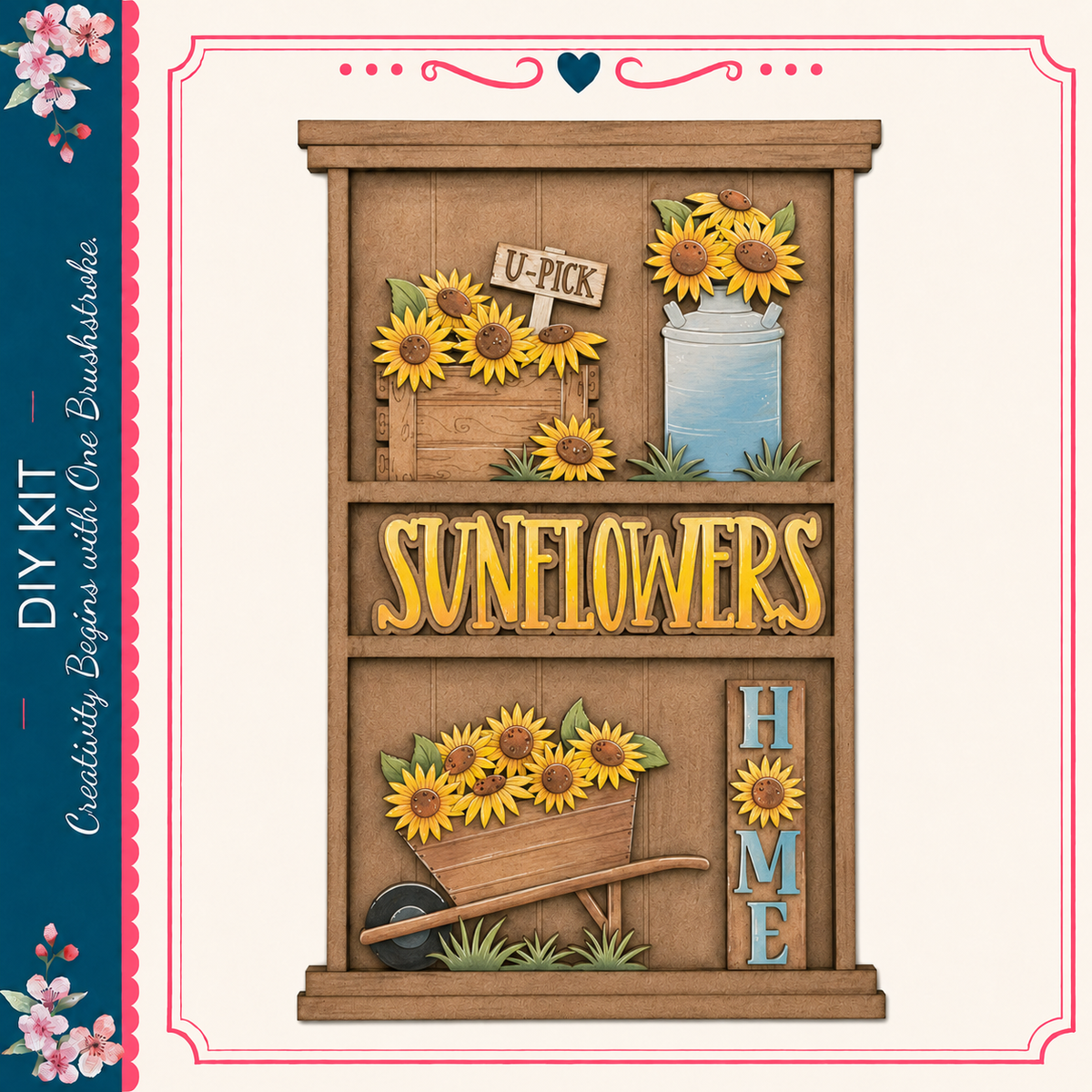 The image is a collage of various objects related to sunflowers, including a wooden shelf, a wheelbarrow, a sign, and a vase. The objects are arranged in a visually appealing manner, creating a cohesive and decorative display.