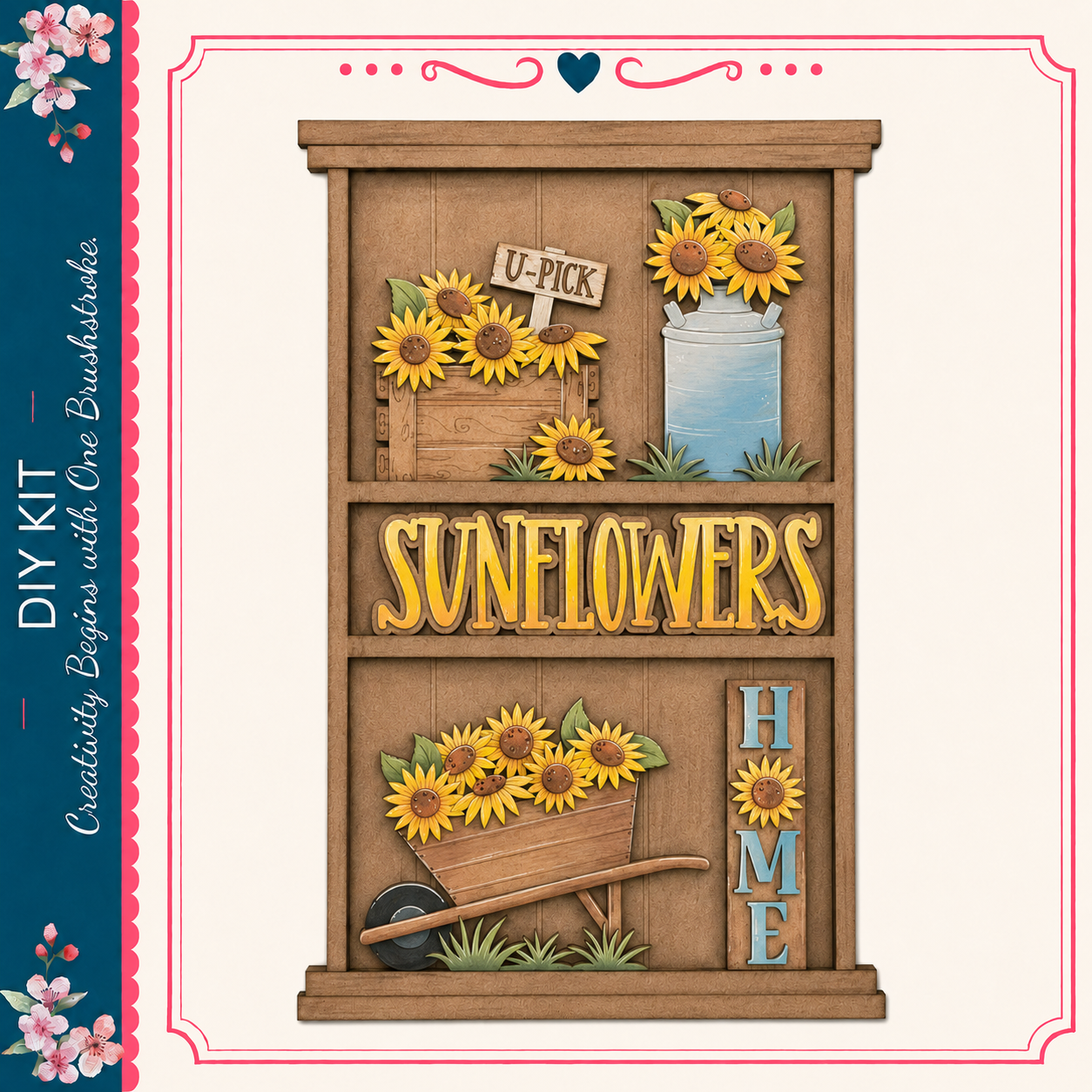 The image is a collage of various objects related to sunflowers, including a wooden shelf, a wheelbarrow, a sign, and a vase. The objects are arranged in a visually appealing manner, creating a cohesive and decorative display.