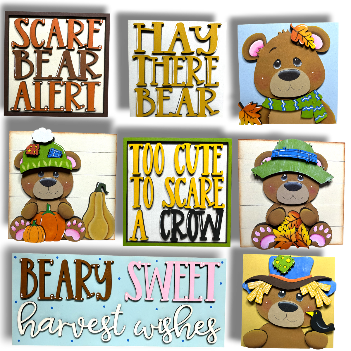 a collage of six different teddy bear illustrations, each with a unique message or phrase related to fall and harvest. The phrases include " Scare Bear Alert", " Scare There Bear", " Too Cute to Scare a Crow", " Beary Sweet harvest wishes", and " Beary Sweet harvest wishes".